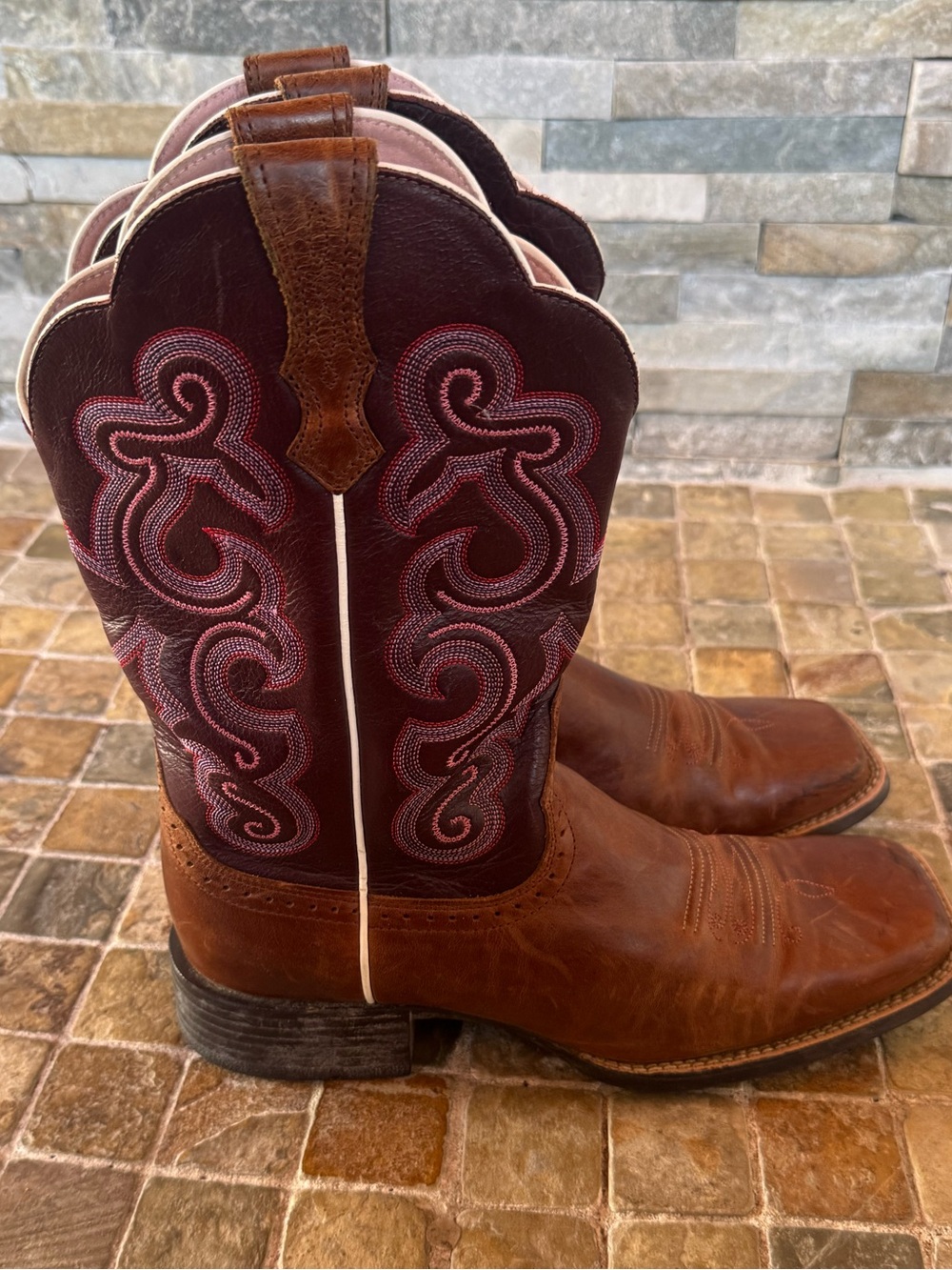 Ariat Women's Brown Leather boots with Burgundy Embroidered Shaft